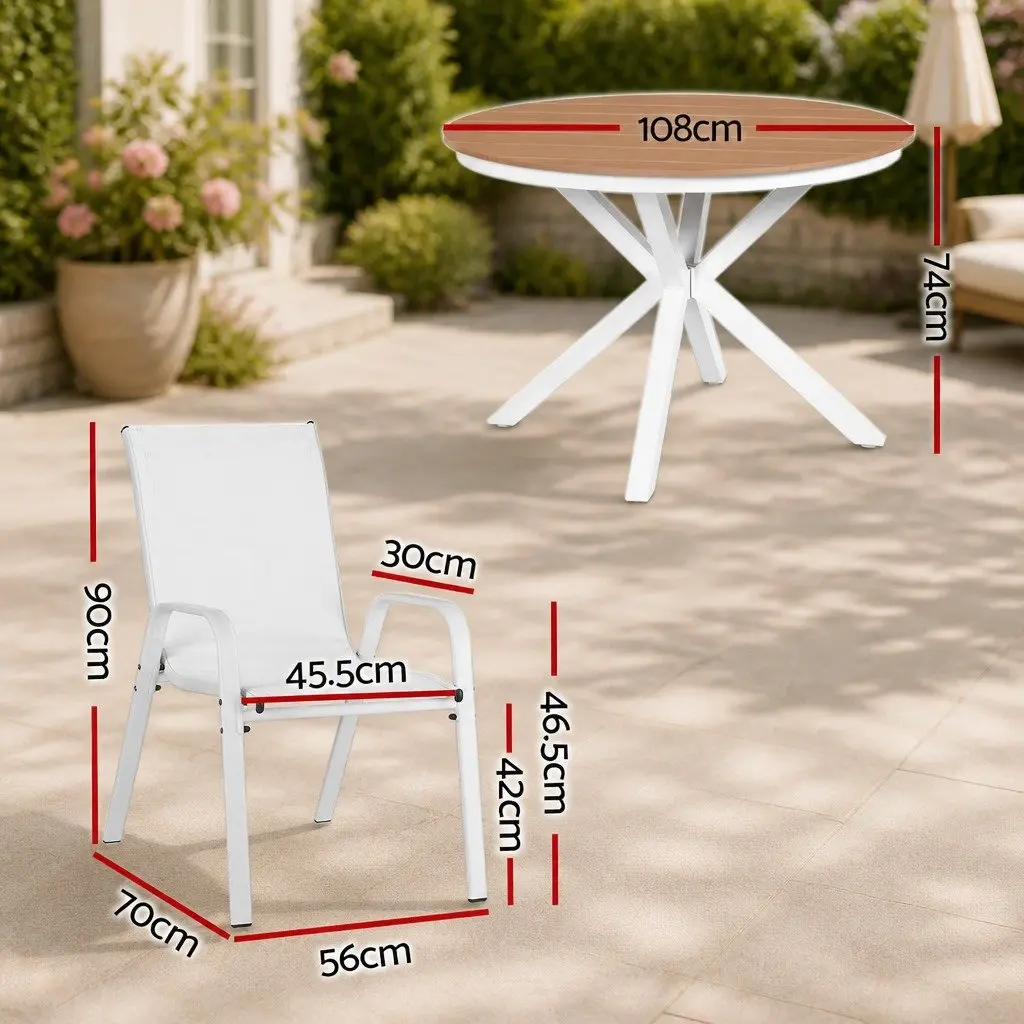 7 Piece Outdoor Dining Set White Steel Table and Stackable Chairs for Patio Garden