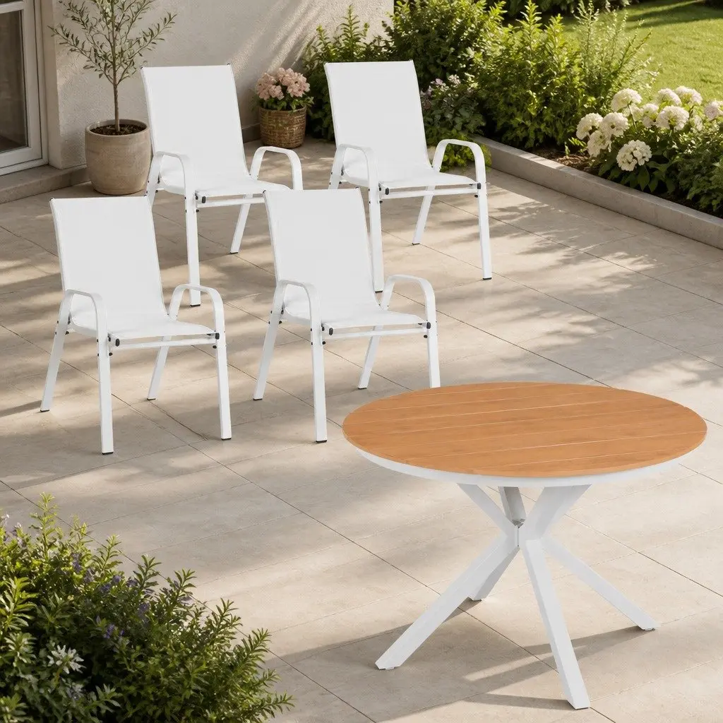 7 Piece Outdoor Dining Set White Steel Table and Stackable Chairs for Patio Garden
