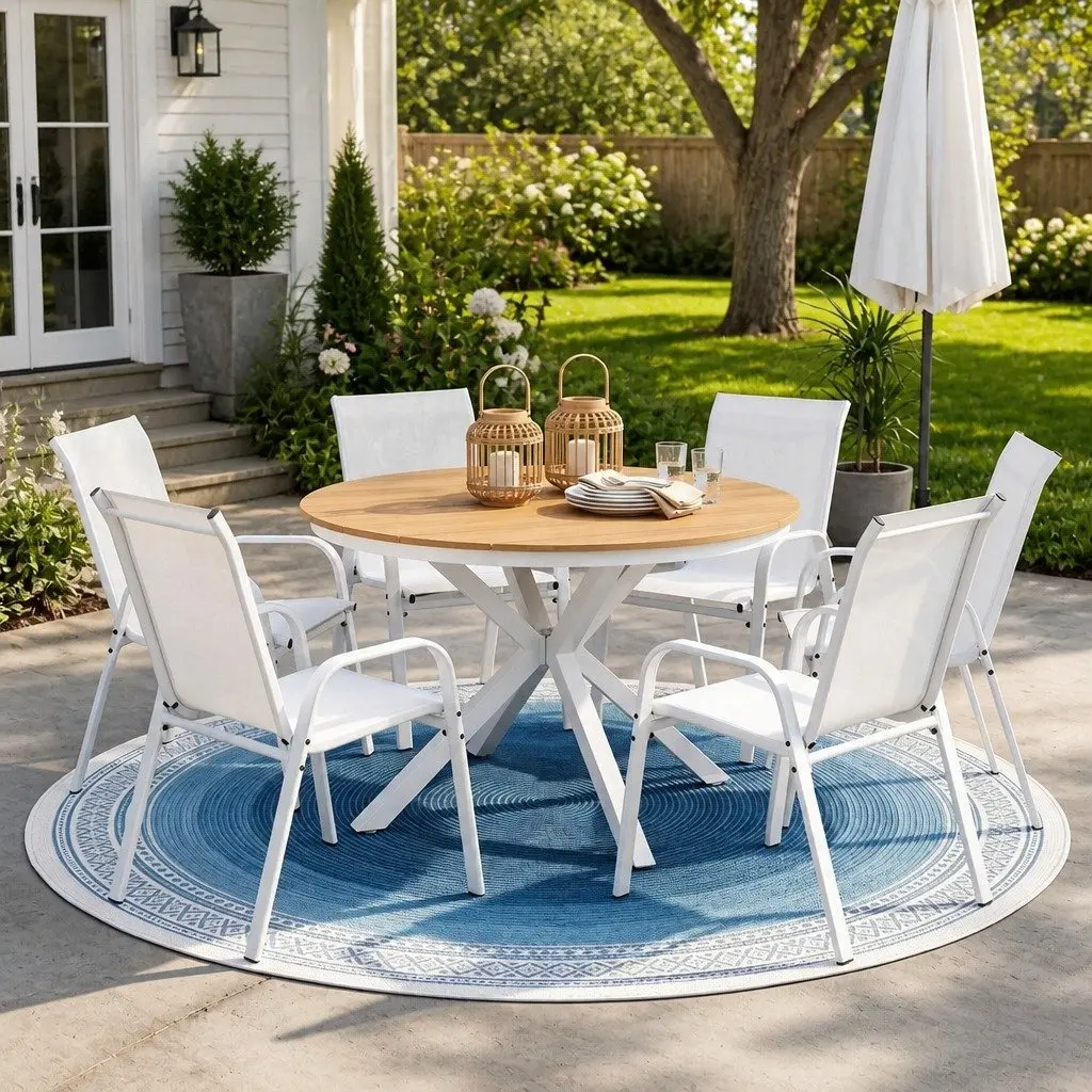 7 Piece Outdoor Dining Set White Steel Table and Stackable Chairs for Patio Garden