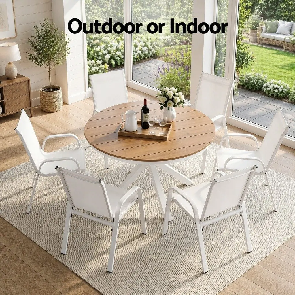 7 Piece Outdoor Dining Set White Steel Table and Stackable Chairs for Patio Garden