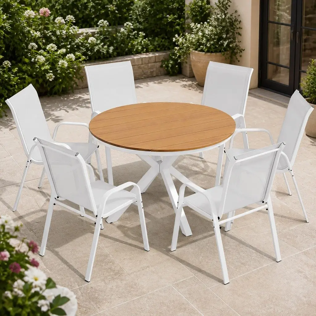 7 Piece Outdoor Dining Set White Steel Table and Stackable Chairs for Patio Garden