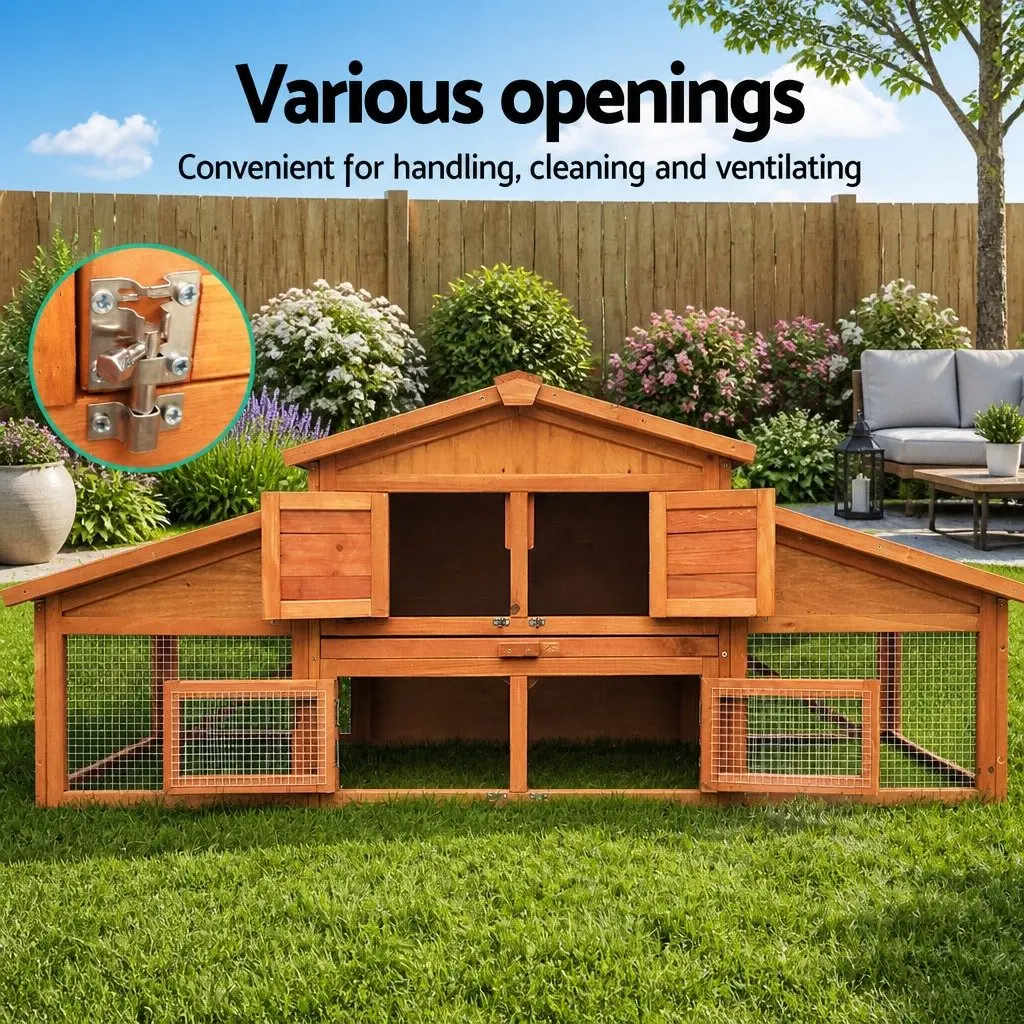 Wooden Chicken Coop Rabbit Hutch Spacious 169cm Pet House with Two Levels and Foldable Ramps