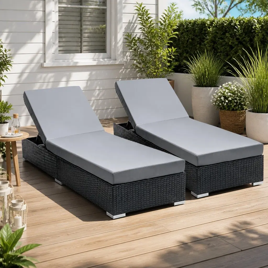2PC Adjustable Wicker Sun Lounge Outdoor Furniture with Cushion Reclining Day
