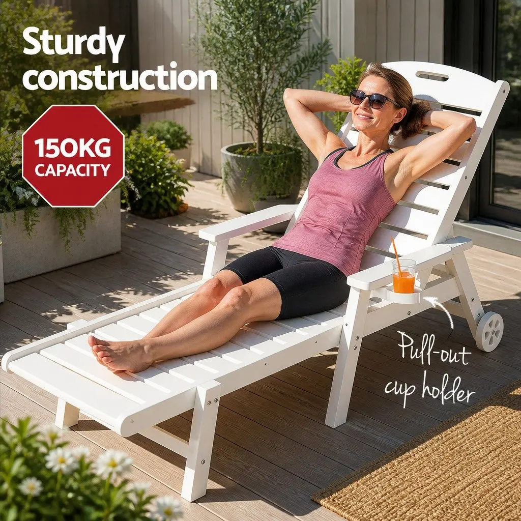 Adjustable Sun Lounger Outdoor Chair with Wheels and Cup Holder White