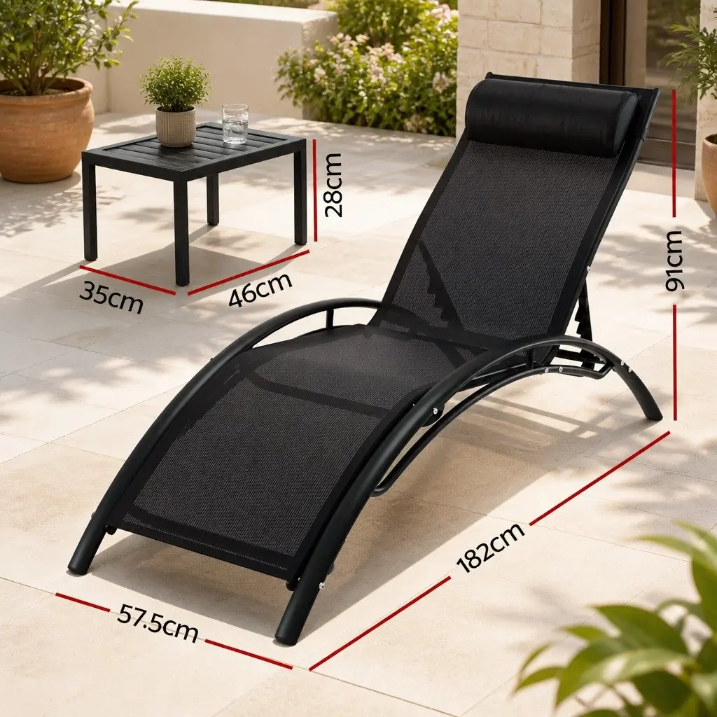 Outdoor Sun Lounger 3 Piece Set Steel Frame Adjustable Backrest Textilene Fabric