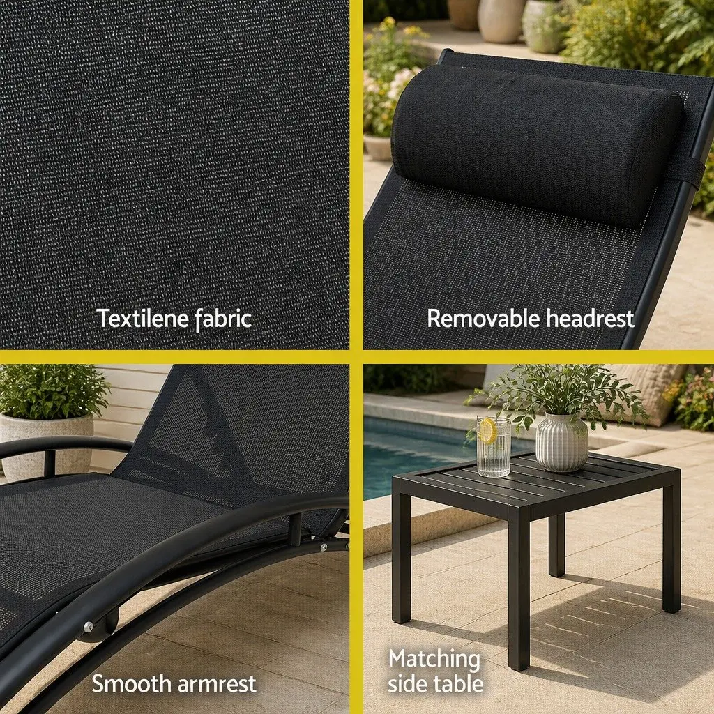 Outdoor Sun Lounger 3 Piece Set Steel Frame Adjustable Backrest Textilene Fabric