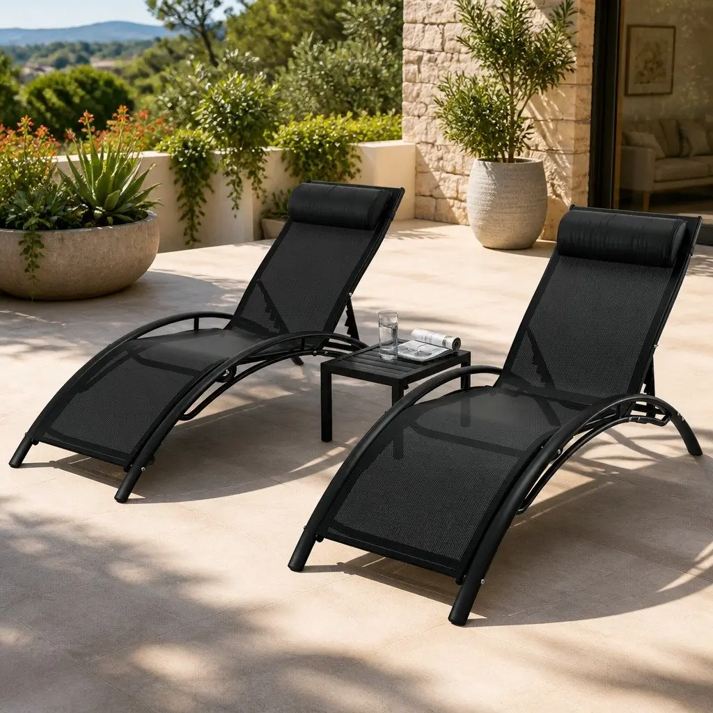 Outdoor Sun Lounger 3 Piece Set Steel Frame Adjustable Backrest Textilene Fabric