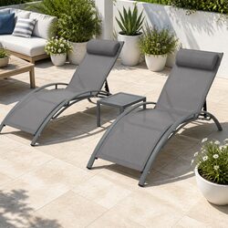Outdoor Sun Lounge Set 3PC Steel Frame Lounger Chair Table Patio Furniture Grey