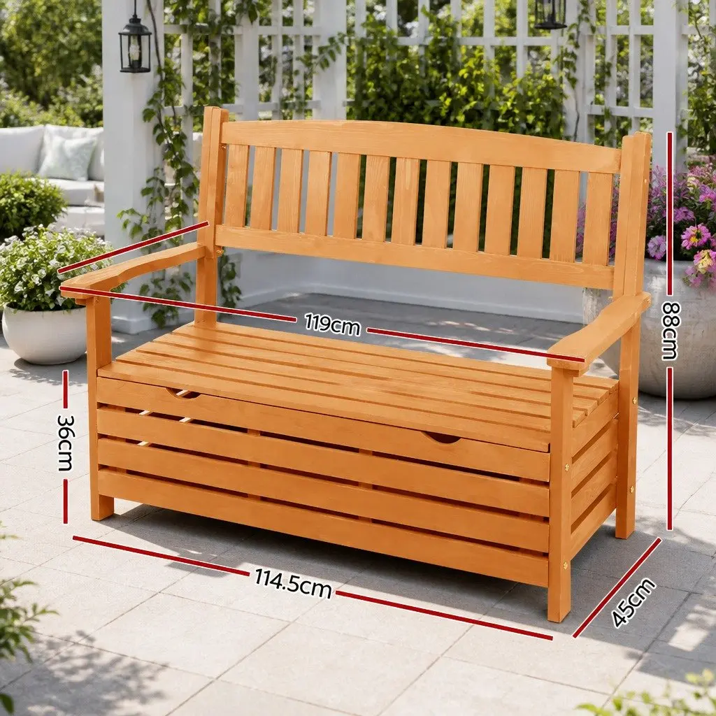 Outdoor Storage Bench Wooden 2 Seater Natural Wood 1145 x 450 x 880 mm