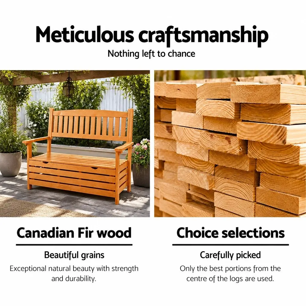 Outdoor Storage Bench Wooden 2 Seater Natural Wood 1145 x 450 x 880 mm