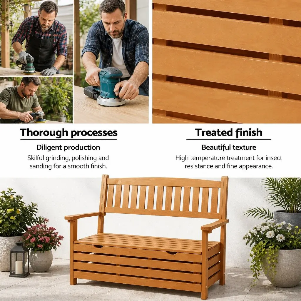 Outdoor Storage Bench Wooden 2 Seater Natural Wood 1145 x 450 x 880 mm