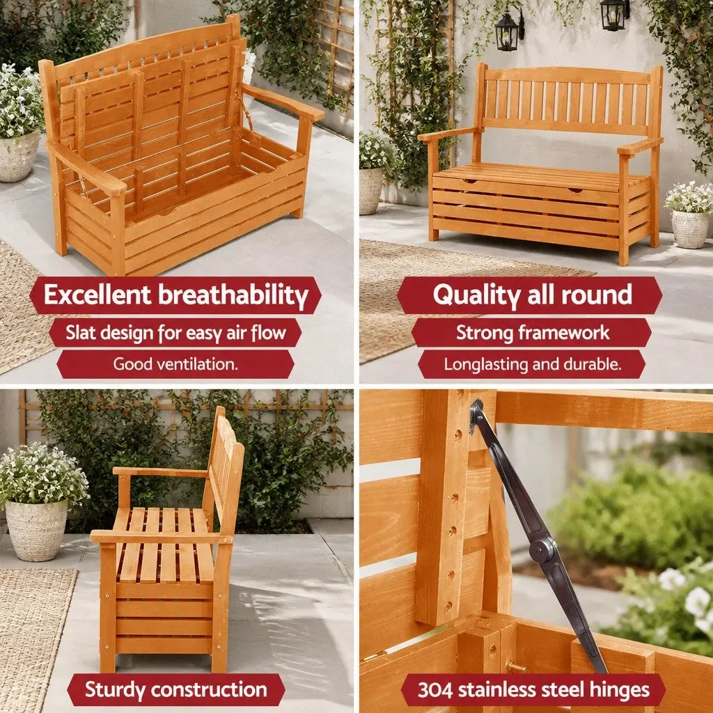 Outdoor Storage Bench Wooden 2 Seater Natural Wood 1145 x 450 x 880 mm