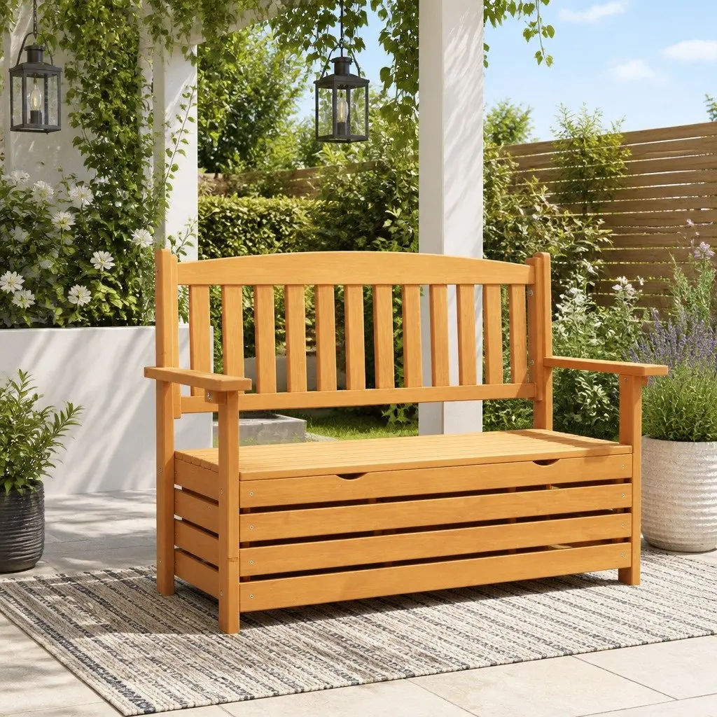 Outdoor Storage Bench Wooden 2 Seater Natural Wood 1145 x 450 x 880 mm