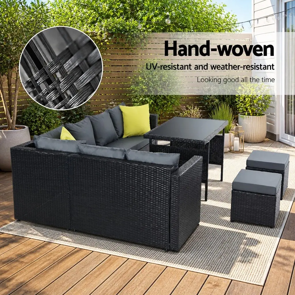Outdoor Dining Sofa Set Black Wicker Aluminum Frame Table Chairs Lounge