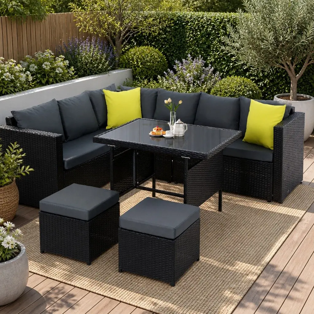 Outdoor Dining Sofa Set Black Wicker Aluminum Frame Table Chairs Lounge