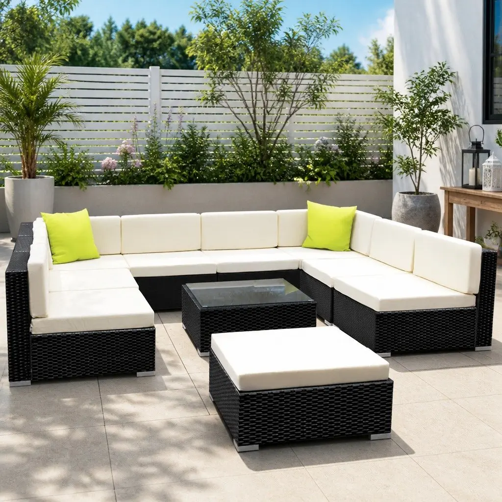 10 Piece Outdoor Wicker Sofa Lounge Setting Black