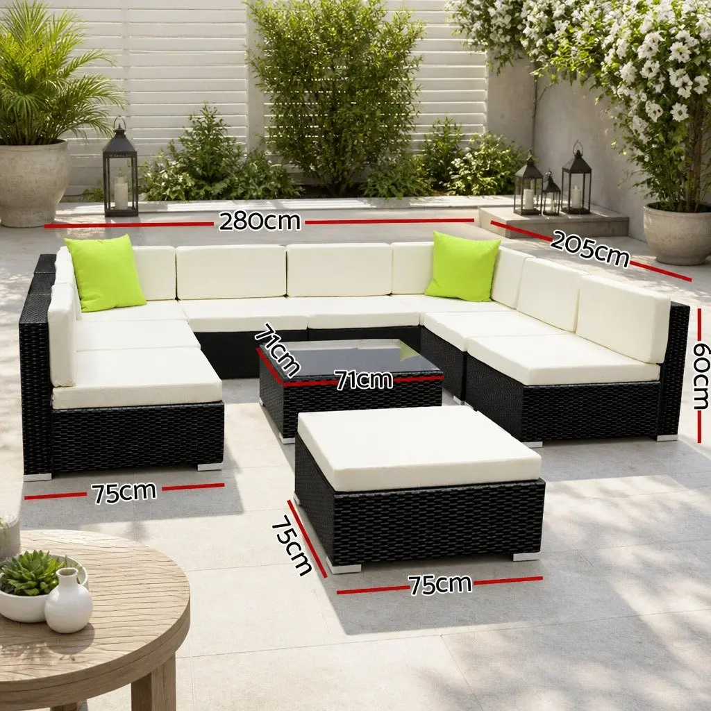 10 Piece Outdoor Wicker Sofa Lounge Setting Black