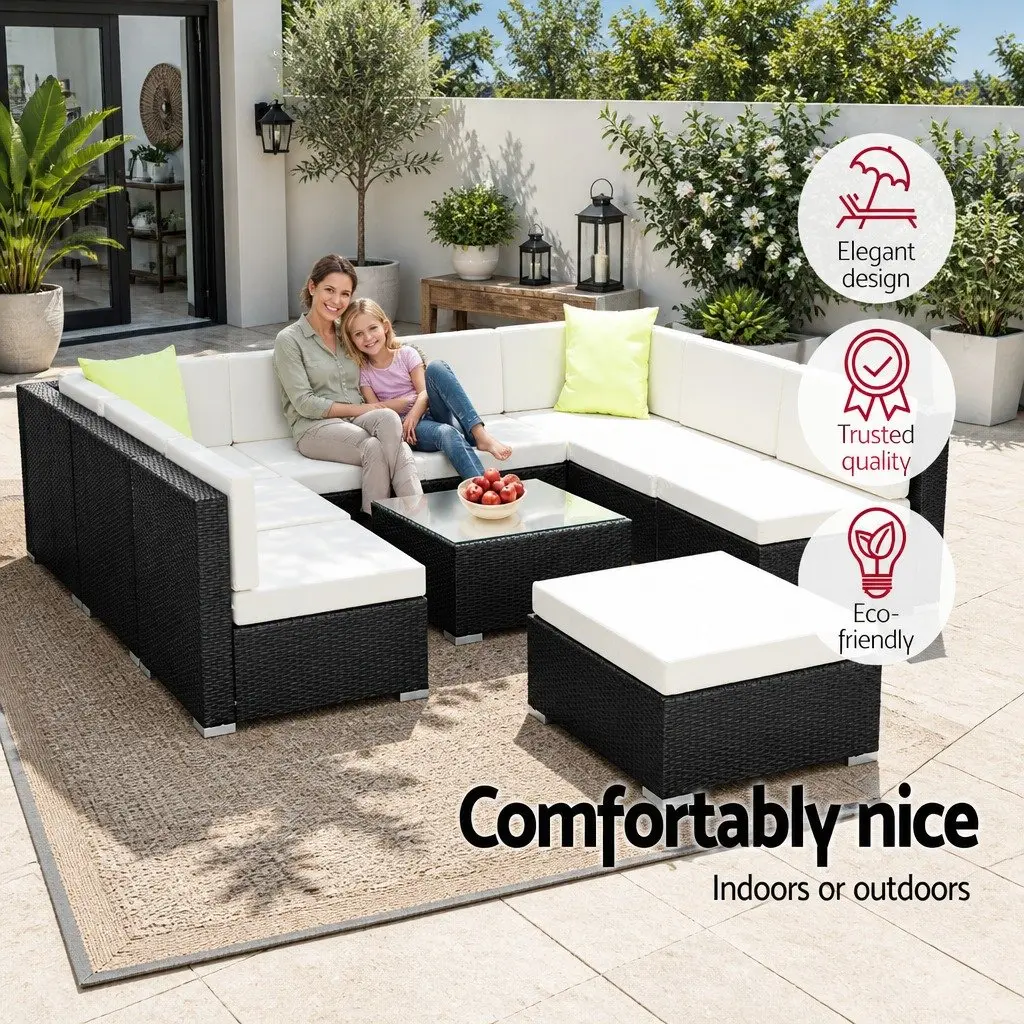 10 Piece Outdoor Wicker Sofa Lounge Setting Black