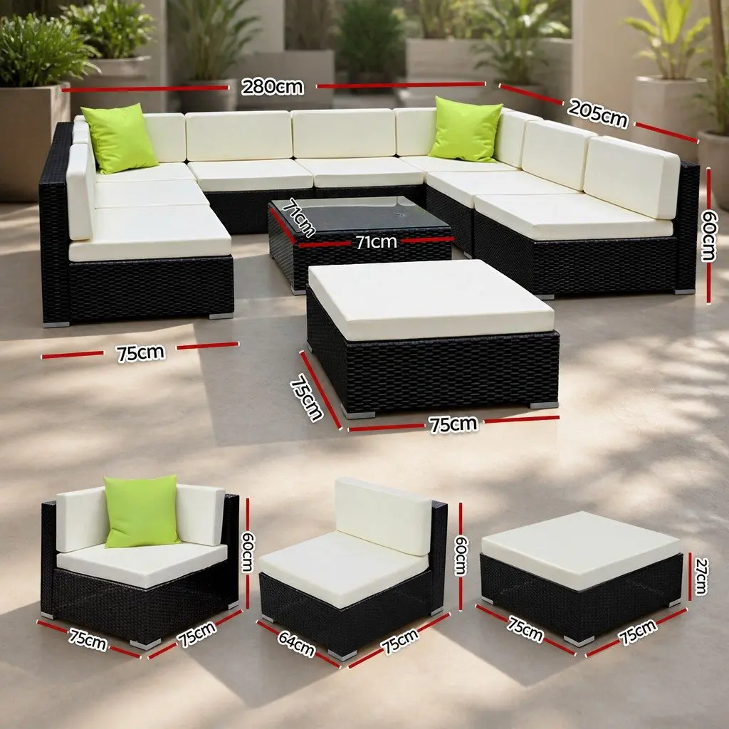 10 Piece Outdoor Lounge Sofa Set Wicker Couch Corner Ottoman Table