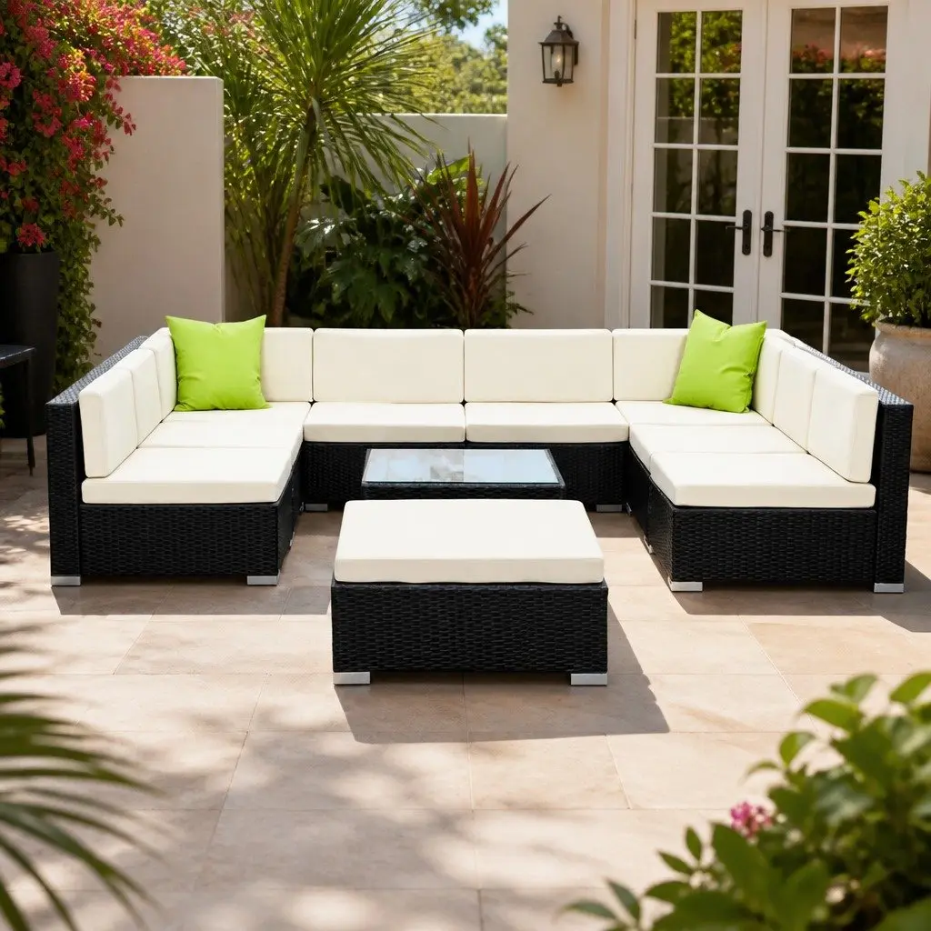10 Piece Outdoor Lounge Sofa Set Wicker Couch Corner Ottoman Table