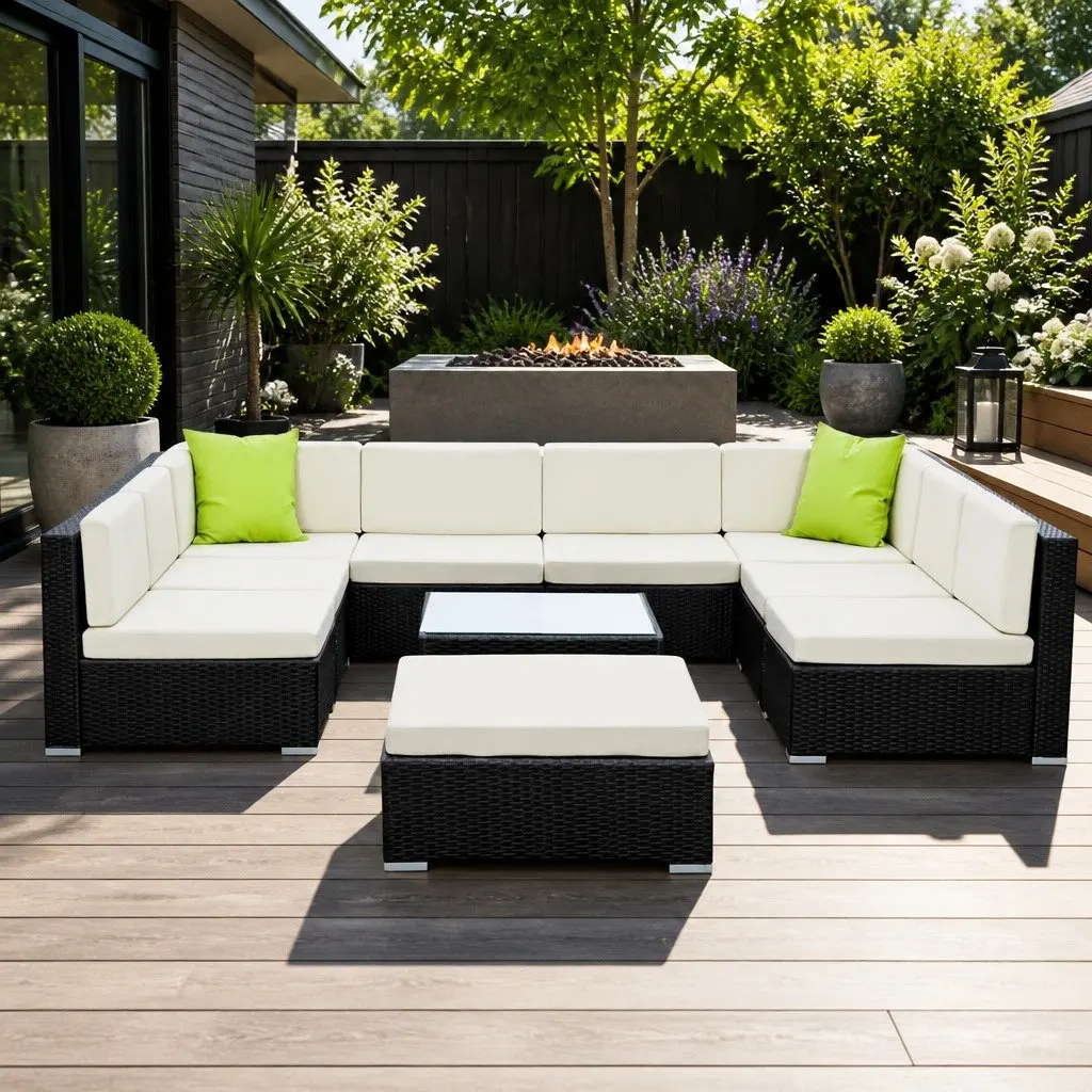 10 Piece Outdoor Lounge Sofa Set Wicker Couch Corner Ottoman Table