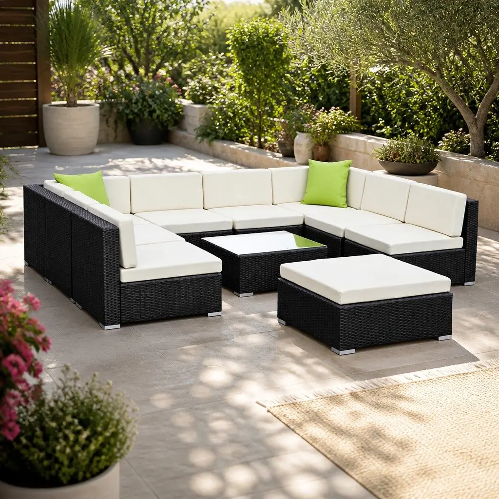 10 Piece Outdoor Lounge Sofa Set Wicker Couch Corner Ottoman Table