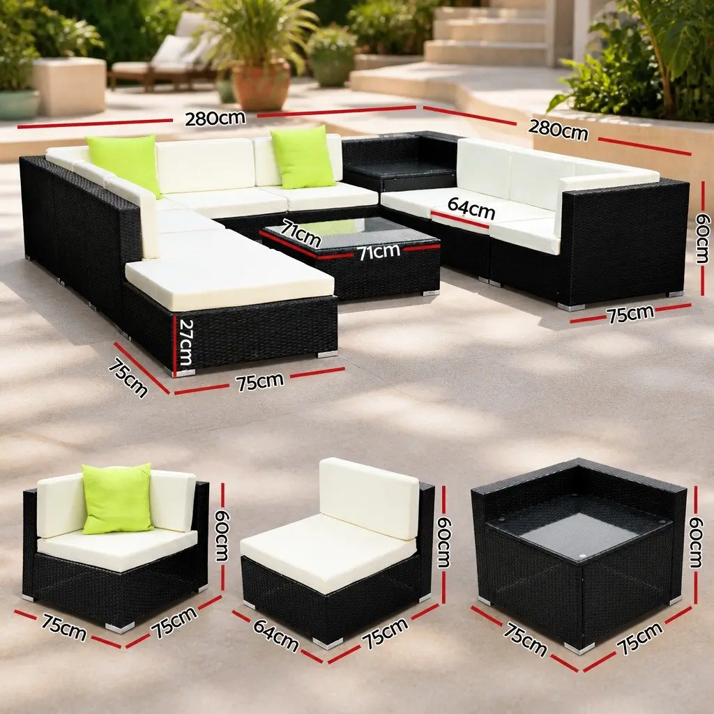11 Piece Outdoor Wicker Sofa Set Black Cushioned Seating with Storage Cover