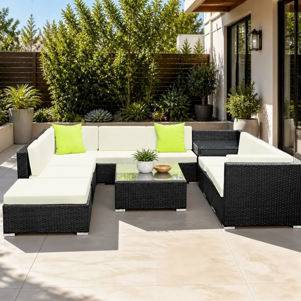 11 Piece Outdoor Wicker Sofa Set Black Cushioned Seating with Storage Cover