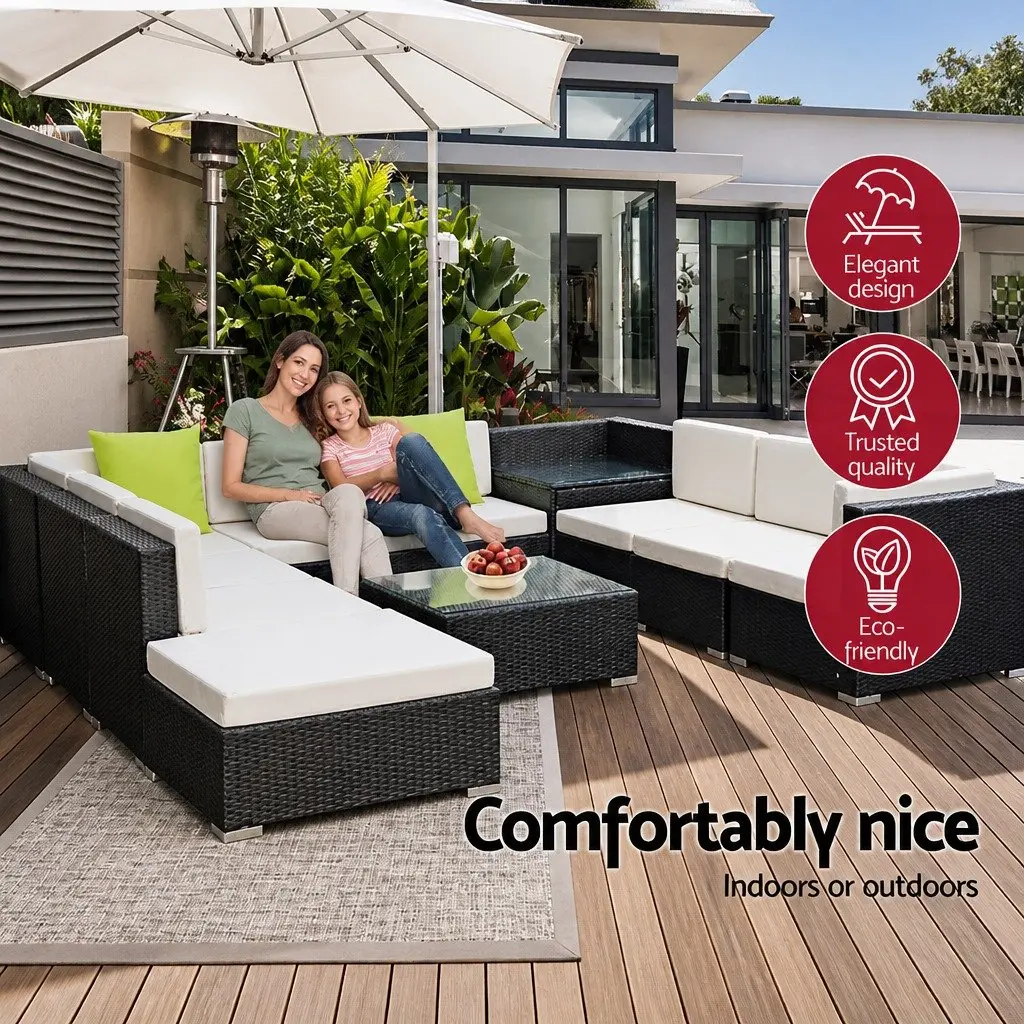 11 Piece Outdoor Wicker Sofa Set Black Cushioned Seating with Storage Cover
