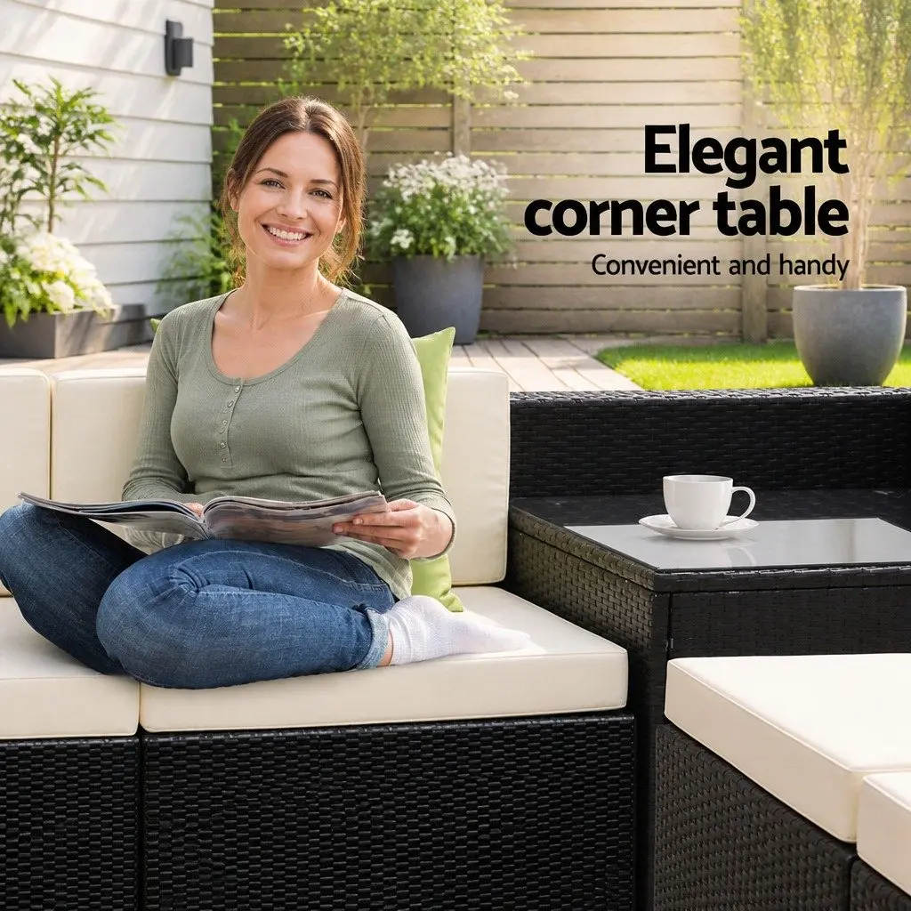 11 Piece Outdoor Wicker Sofa Set Black Cushioned Seating with Storage Cover