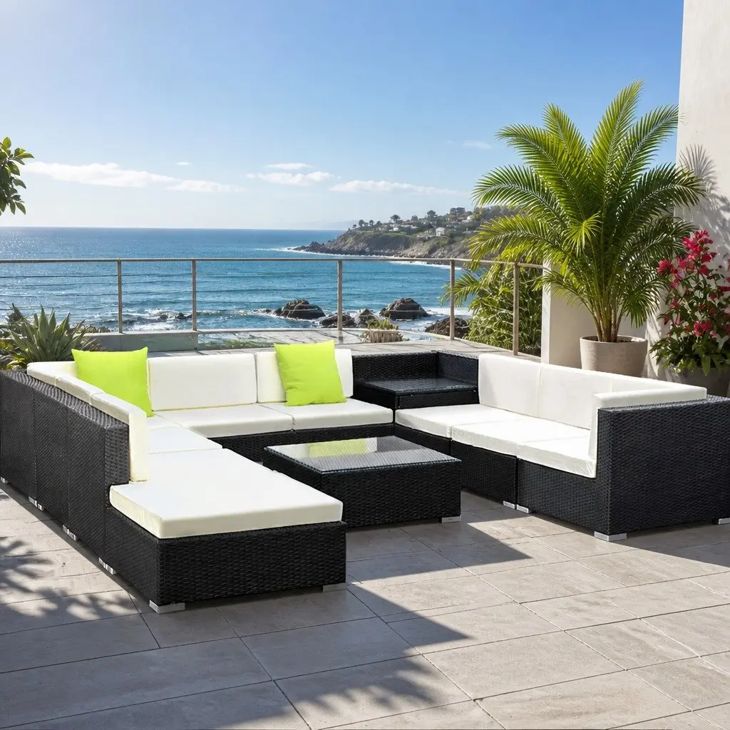 11 Piece Outdoor Wicker Sofa Set Black Cushioned Seating with Storage Cover