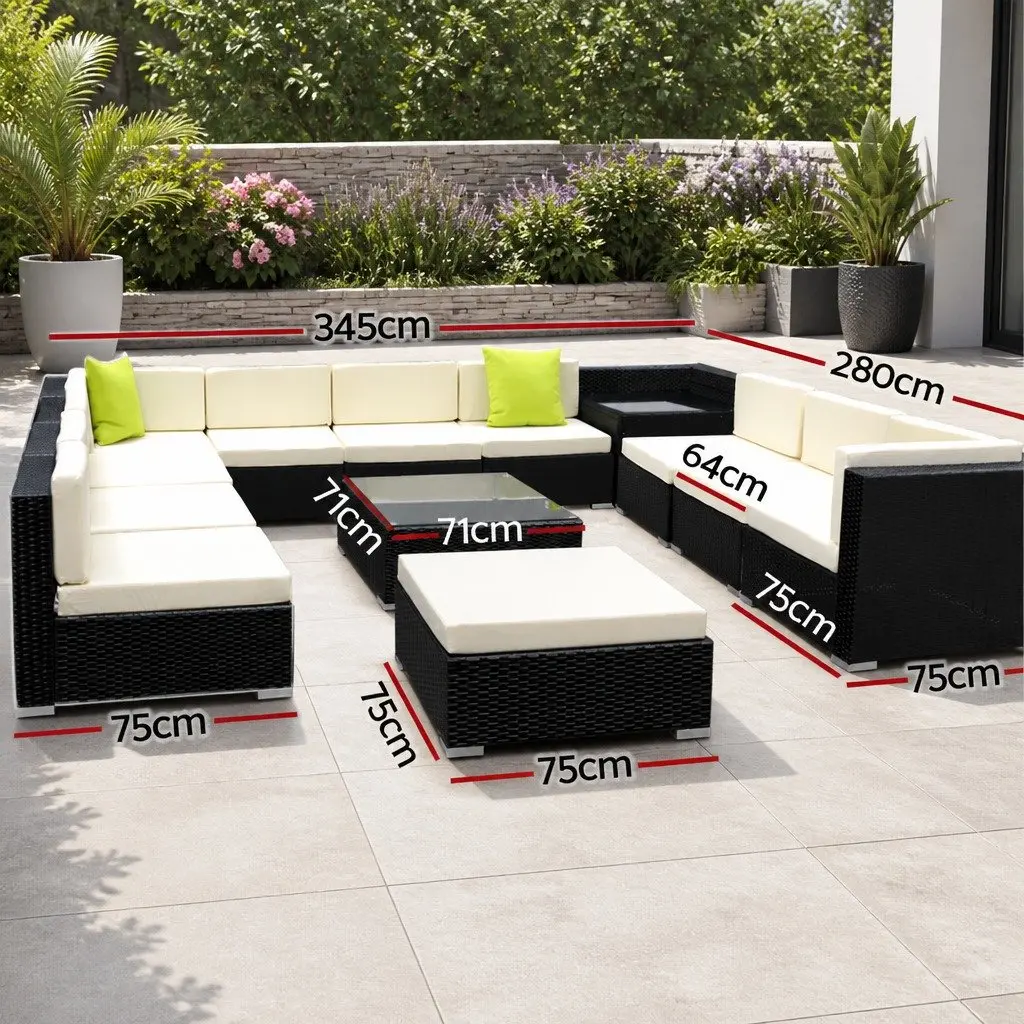 13 Piece Outdoor Wicker Lounge Setting Black Sofa Couch Armchairs Corner Table