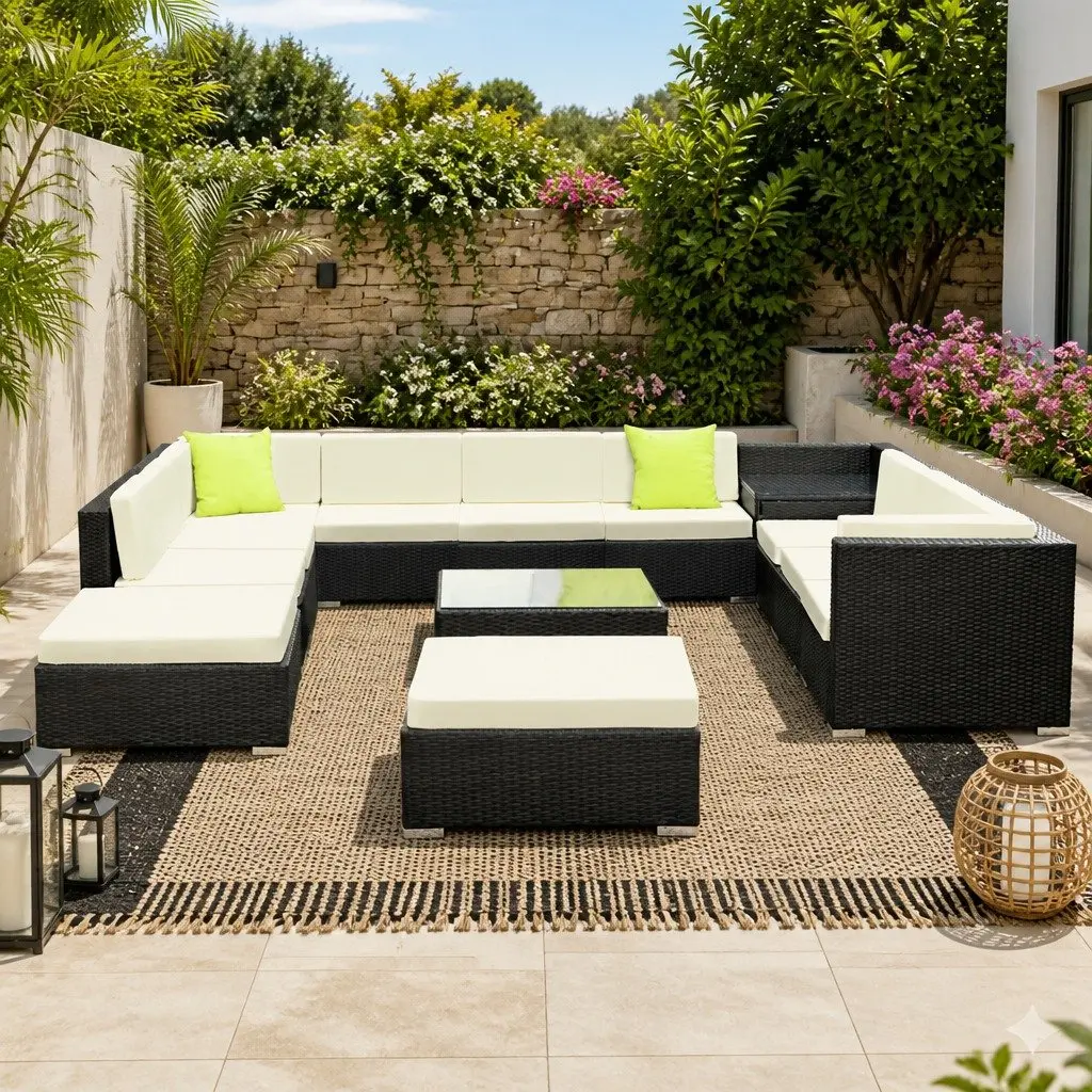 13 Piece Outdoor Wicker Lounge Setting Black Sofa Couch Armchairs Corner Table