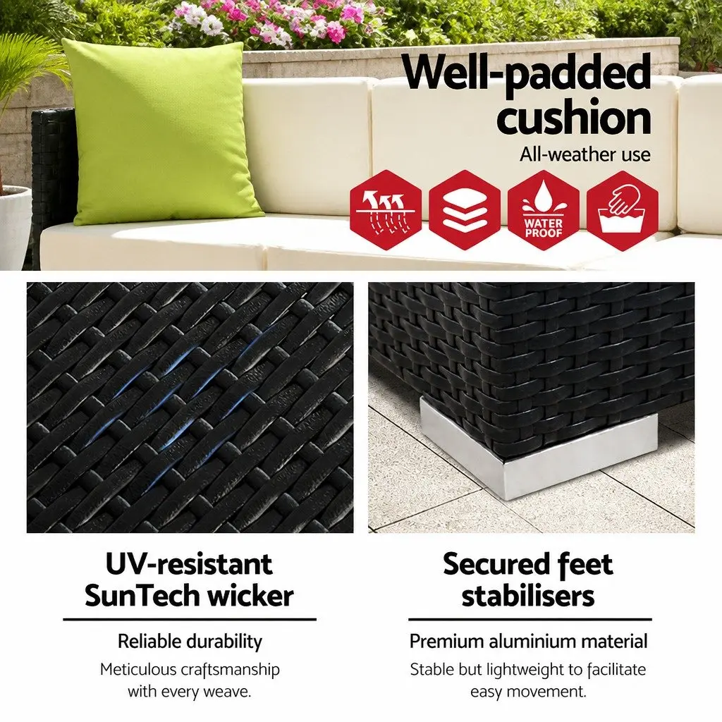 13 Piece Outdoor Wicker Lounge Setting Black Sofa Couch Armchairs Corner Table