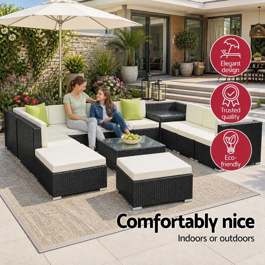 13 Piece Outdoor Wicker Lounge Setting Black Sofa Couch Armchairs Corner Table