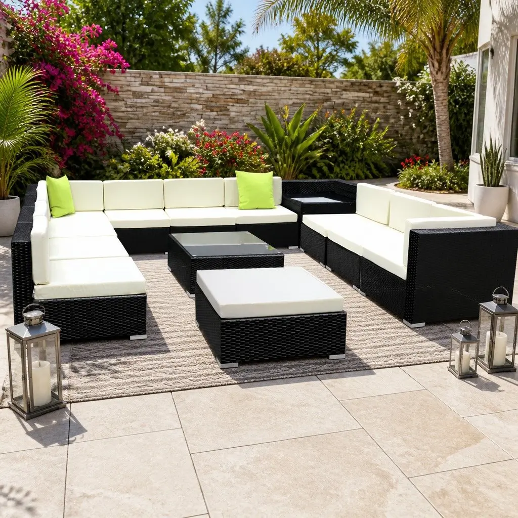 13 Piece Outdoor Wicker Lounge Setting Black Sofa Couch Armchairs Corner Table