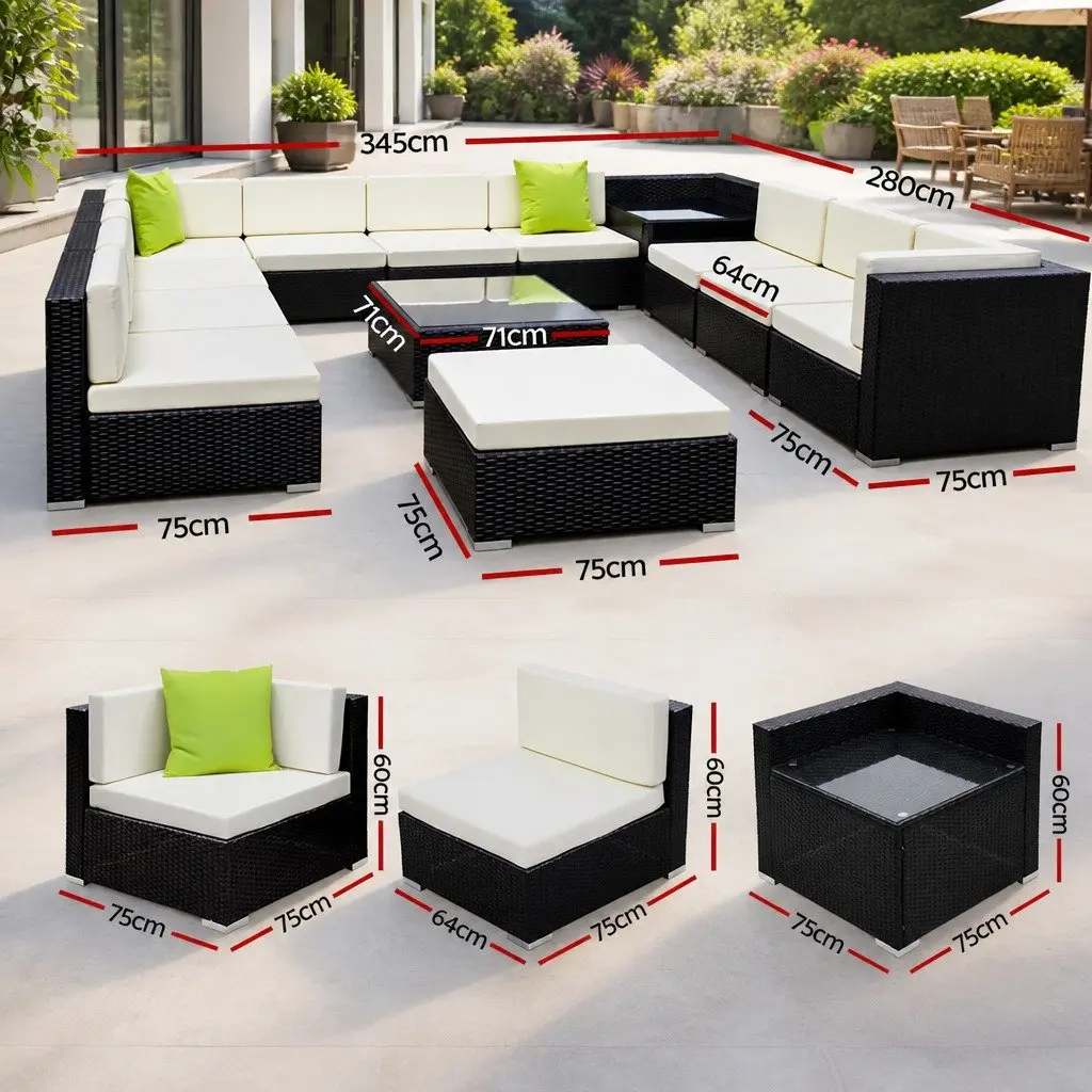 Outdoor Sofa Set 13 Piece Wicker Lounge Arm Chair Corner Table Cushions