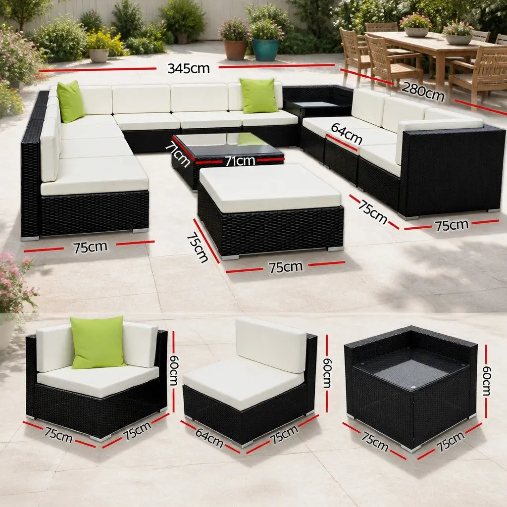 Outdoor Sofa Set 13 Piece Wicker Lounge Arm Chair Corner Table Cushions