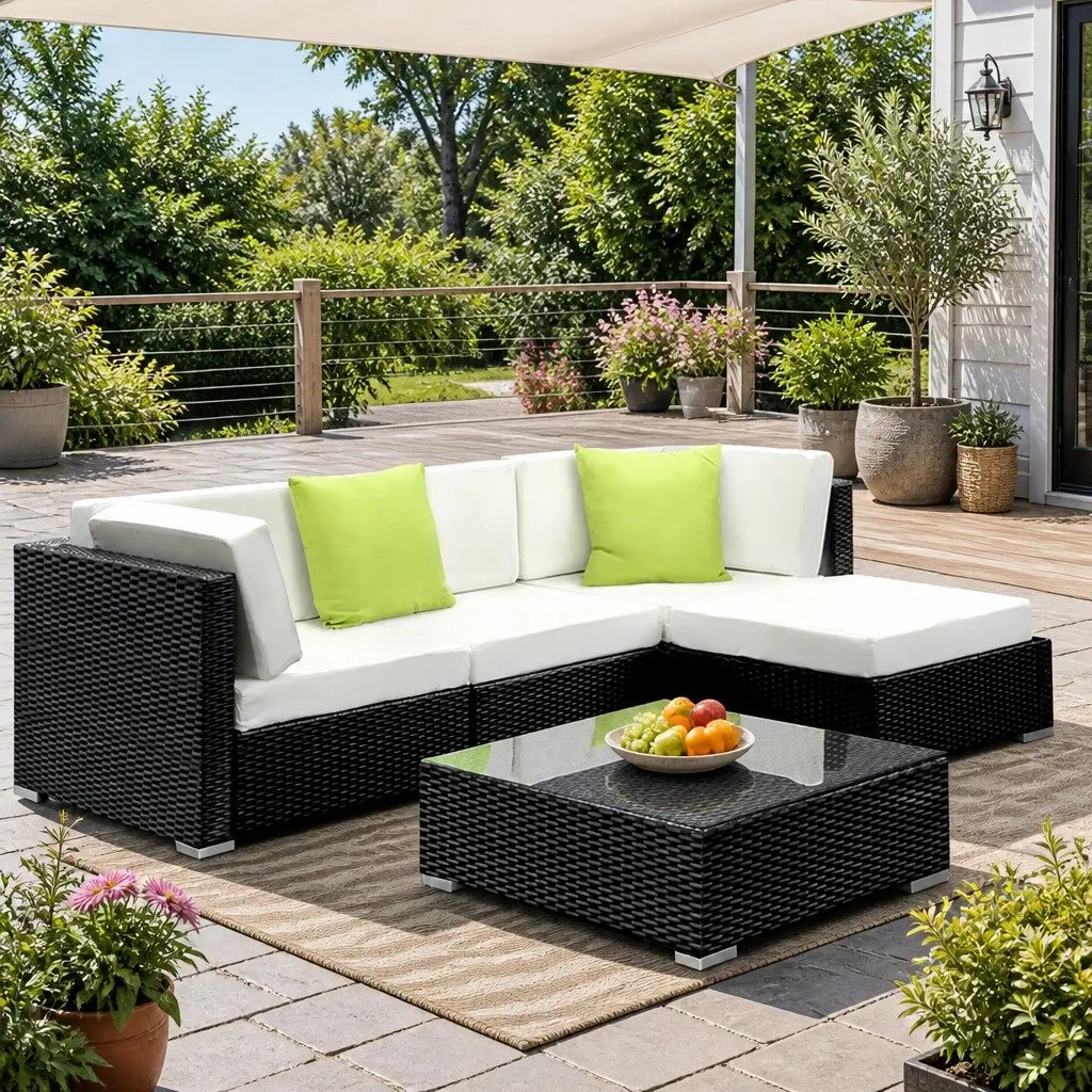 5 Piece Outdoor Sofa Set Wicker Lounge Couch 4 Seater Garden Furniture Black