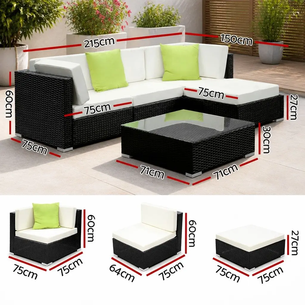 5 Piece Outdoor Sofa Set Wicker Lounge Couch 4 Seater Garden Furniture Black
