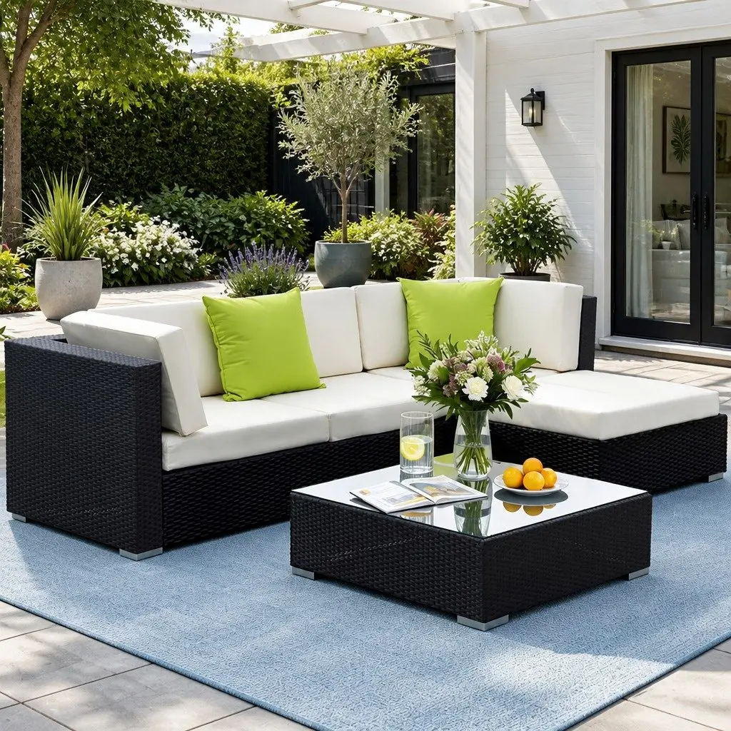 5 Piece Outdoor Wicker Sofa Set Black Couch Lounge with Cushions and Glass Table