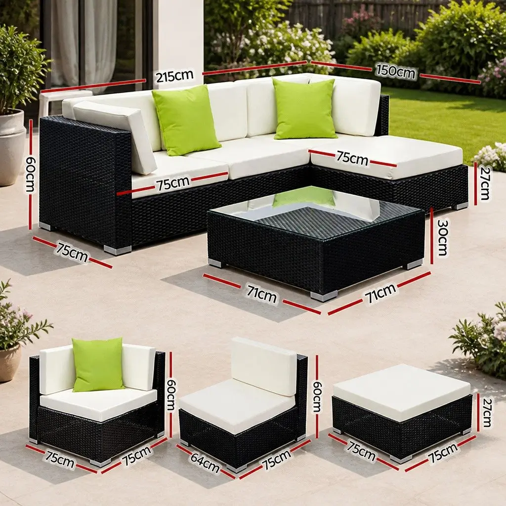 5 Piece Outdoor Wicker Sofa Set Black Couch Lounge with Cushions and Glass Table