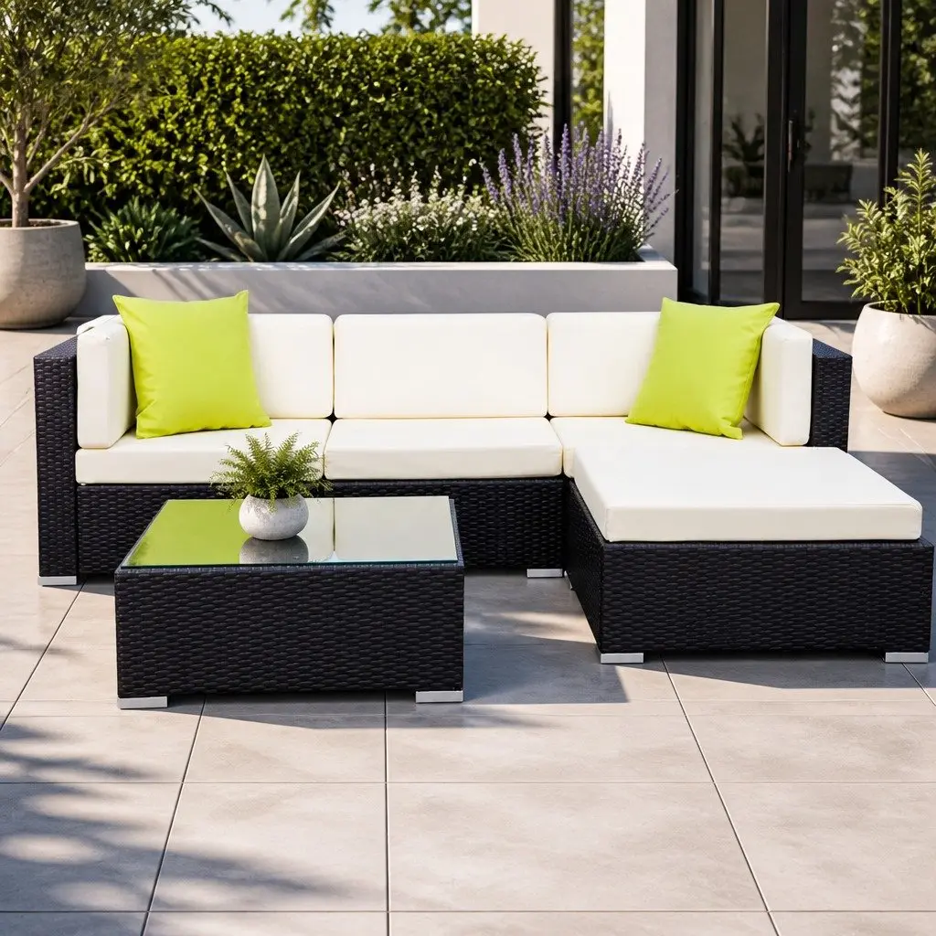 5 Piece Outdoor Wicker Sofa Set Black Couch Lounge with Cushions and Glass Table