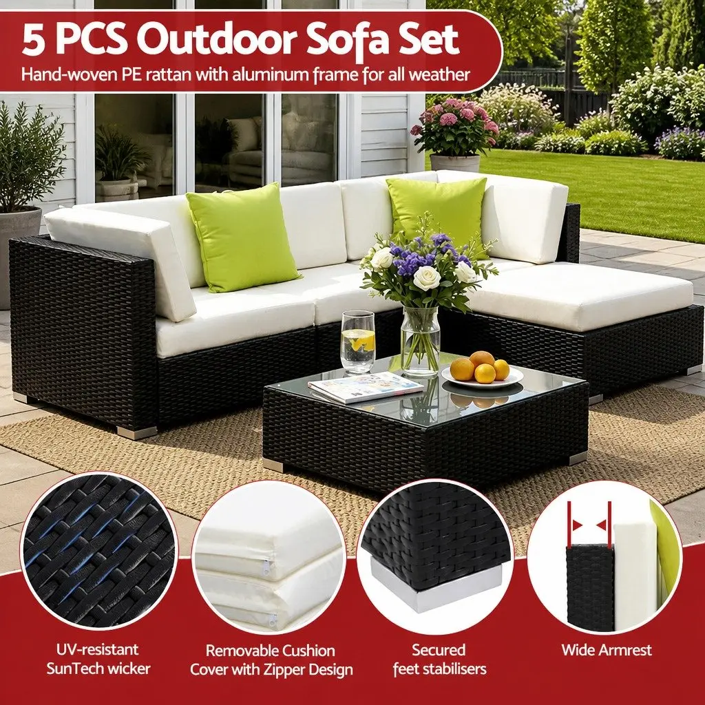5 Piece Outdoor Wicker Sofa Set Black Couch Lounge with Cushions and Glass Table