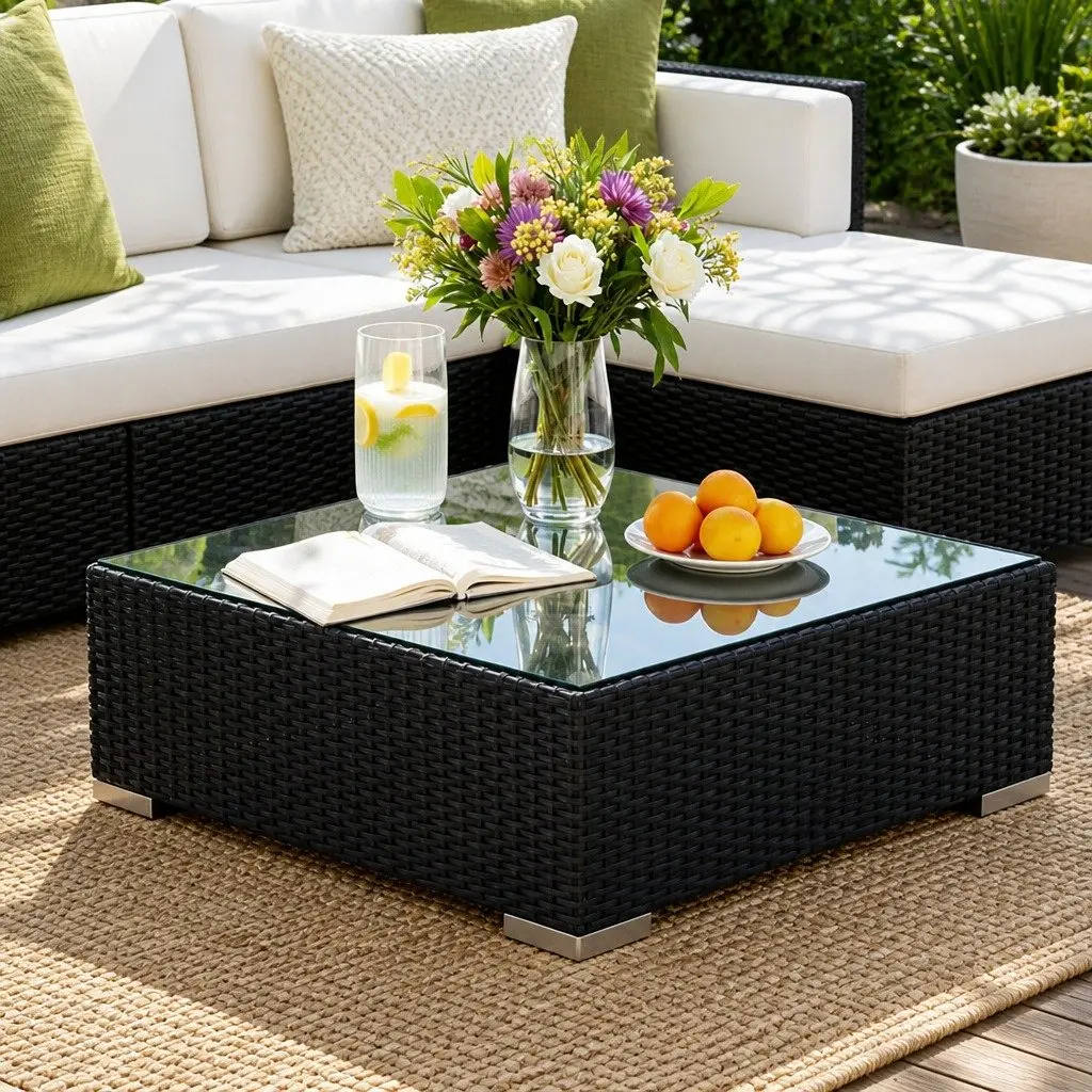 5 Piece Outdoor Wicker Sofa Set Black Couch Lounge with Cushions and Glass Table