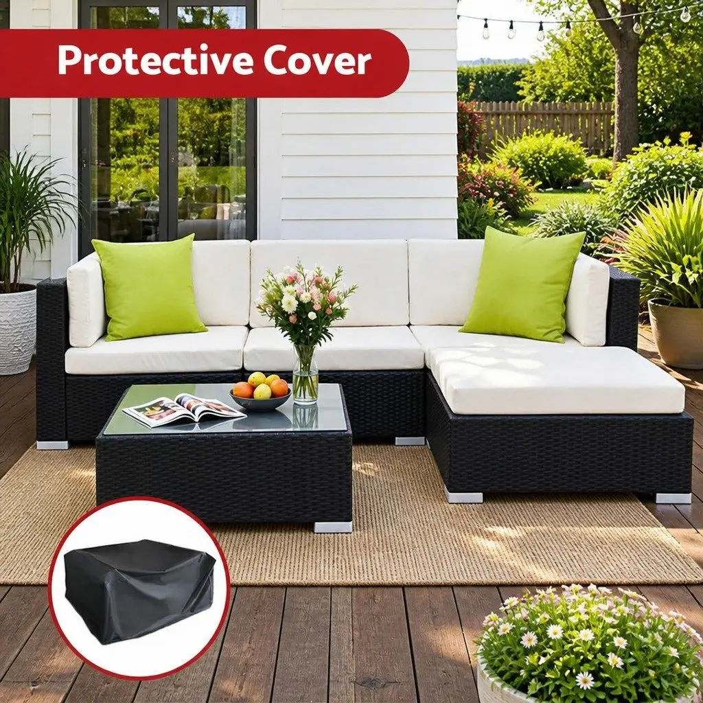 5 Piece Outdoor Wicker Sofa Set Black Couch Lounge with Cushions and Glass Table