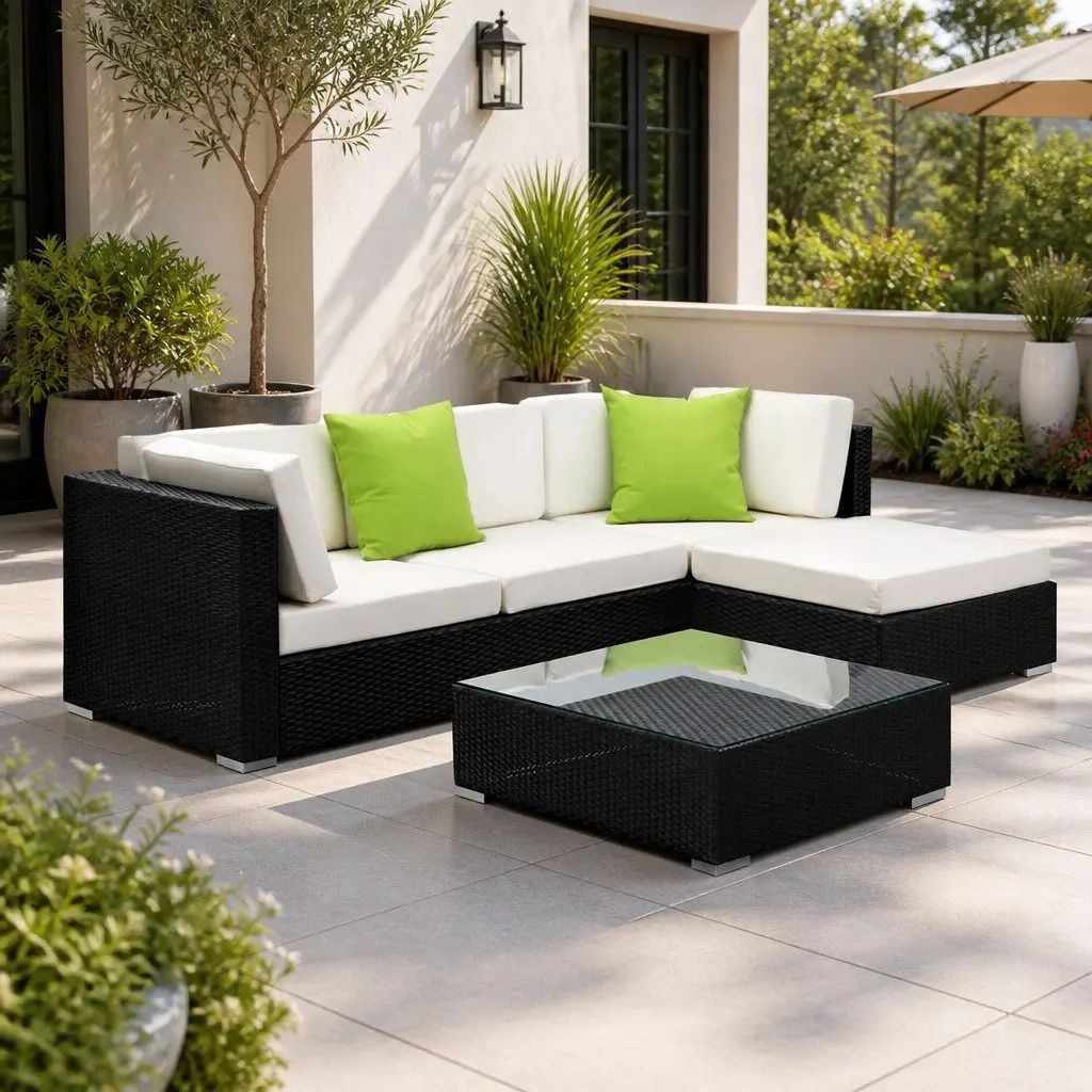 5 Piece Outdoor Wicker Sofa Set Black Couch Lounge with Cushions and Glass Table