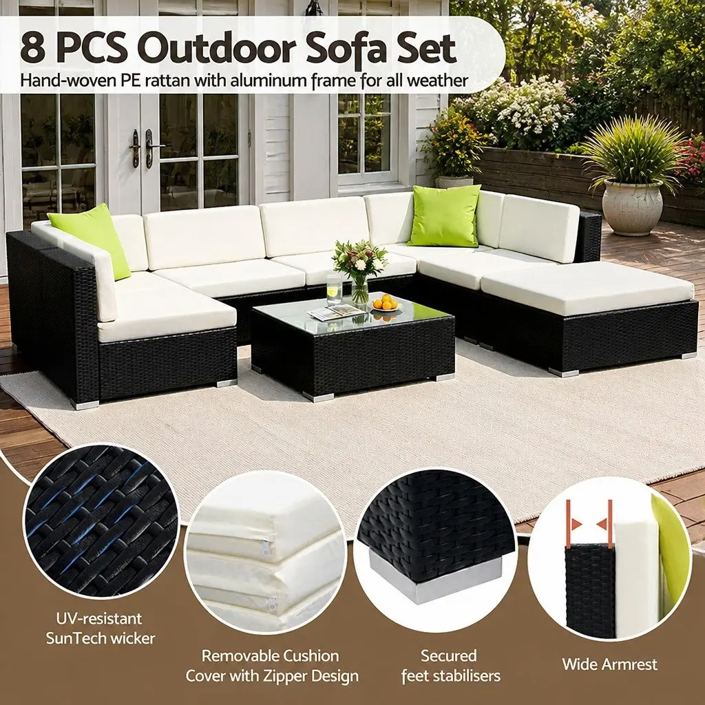 8 Piece Outdoor Sofa Set Wicker Lounge Couch Modular Configuration Black