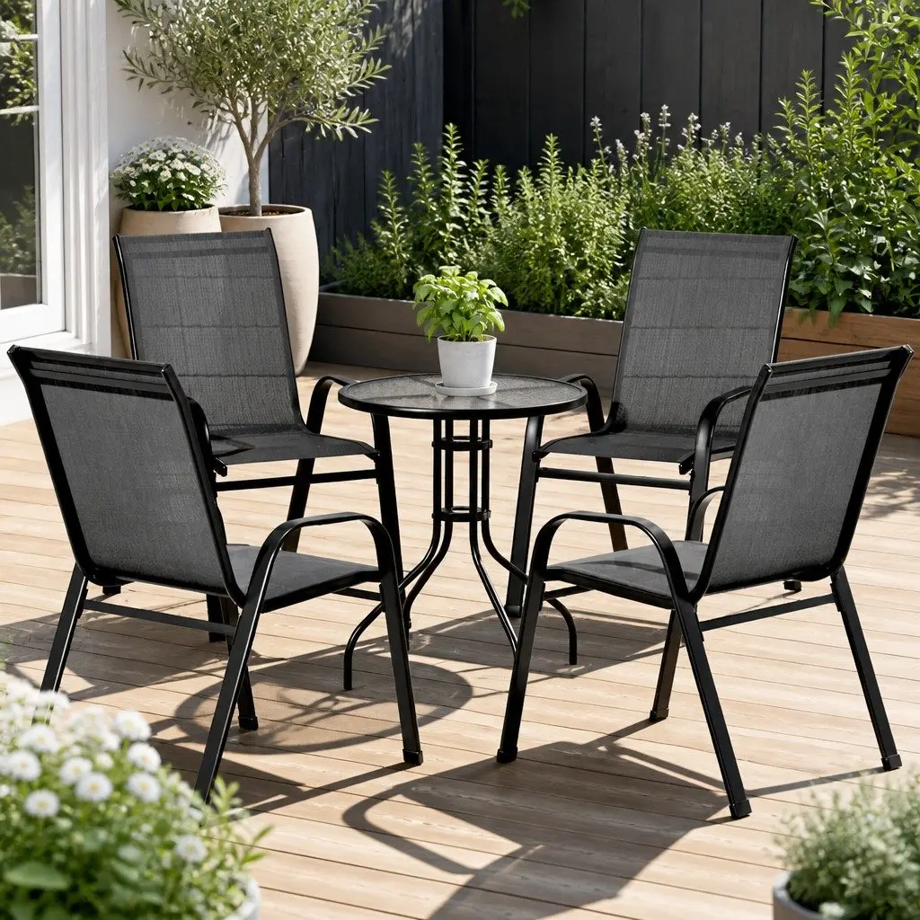 5PC Outdoor Bistro Set Stackable Chairs and Table Black Tempered Glass