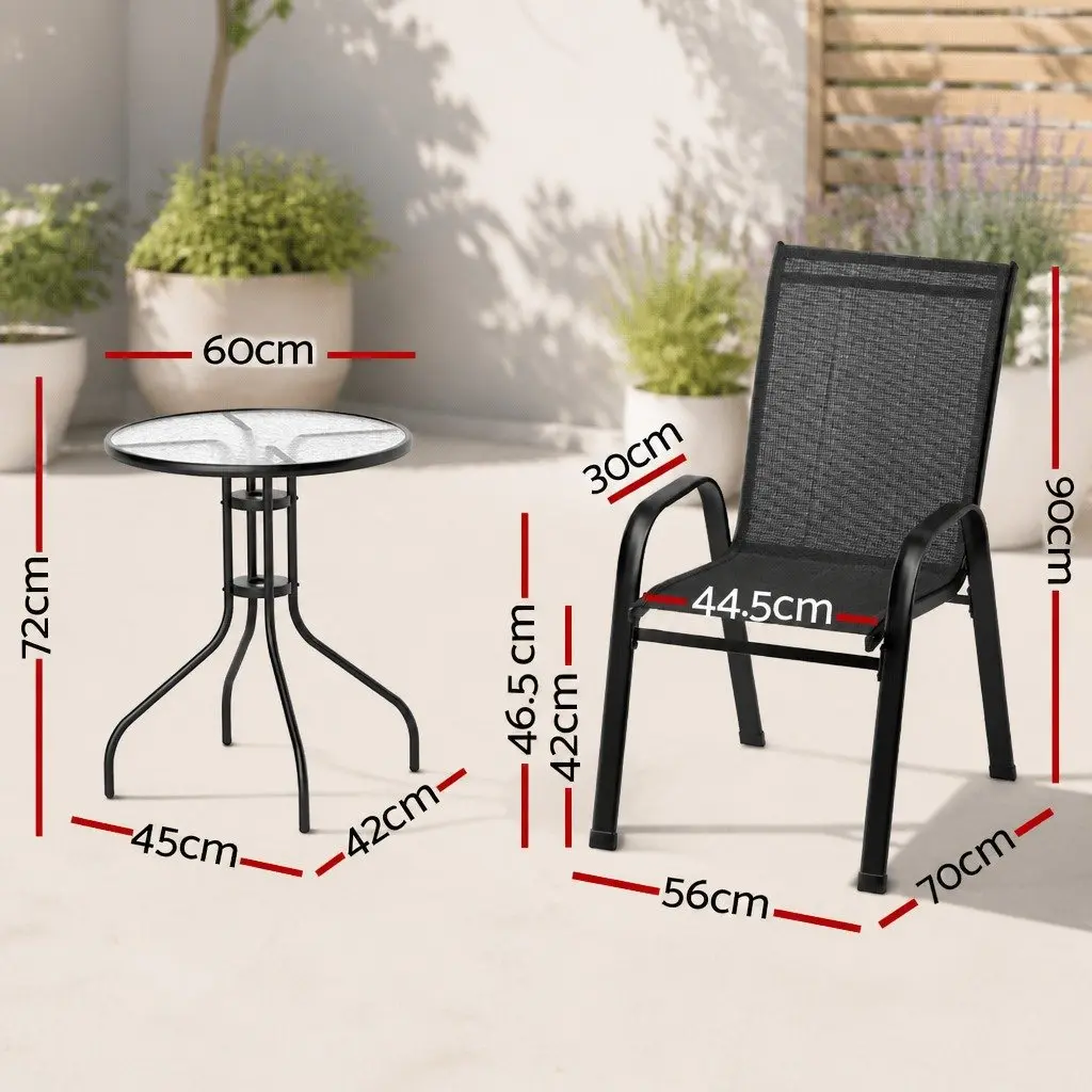5PC Outdoor Bistro Set Stackable Chairs and Table Black Tempered Glass
